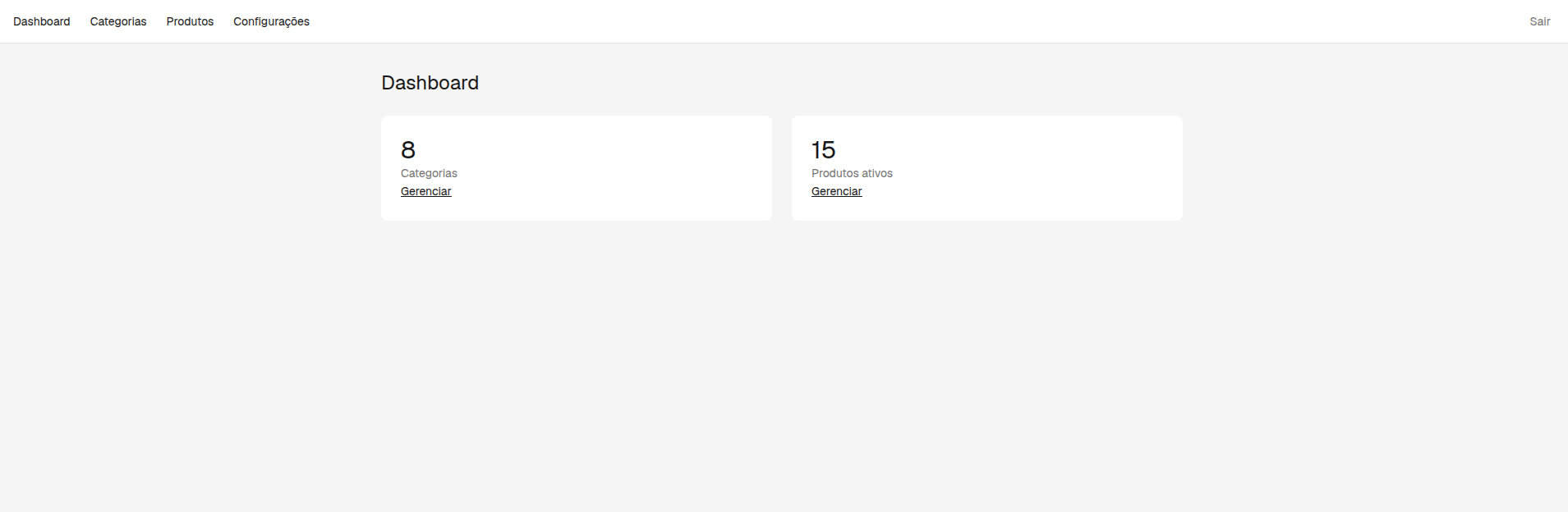 Painel administrativo com resumo de categorias e produtos ativos
