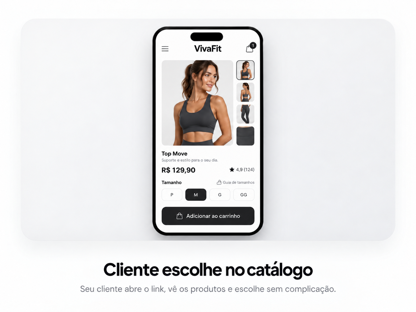 Tela de produto da loja VivaFit com fotos, tamanhos e botão para adicionar ao carrinho