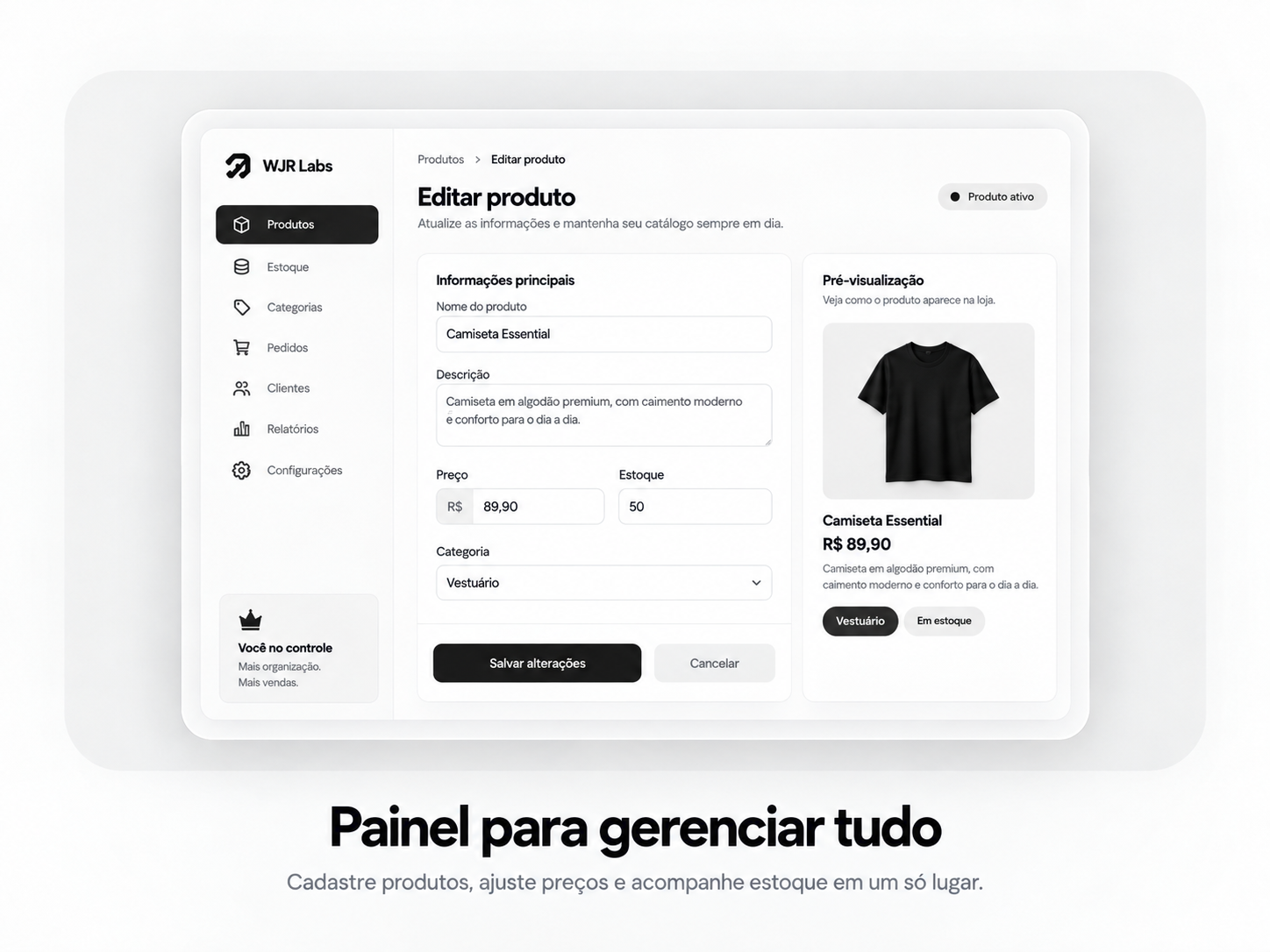 Painel administrativo WJR Labs para editar produto, preço, estoque e categoria