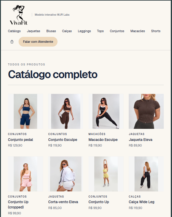 Tela de catálogo digital com produtos organizados por categorias e botão para enviar pedido pelo WhatsApp